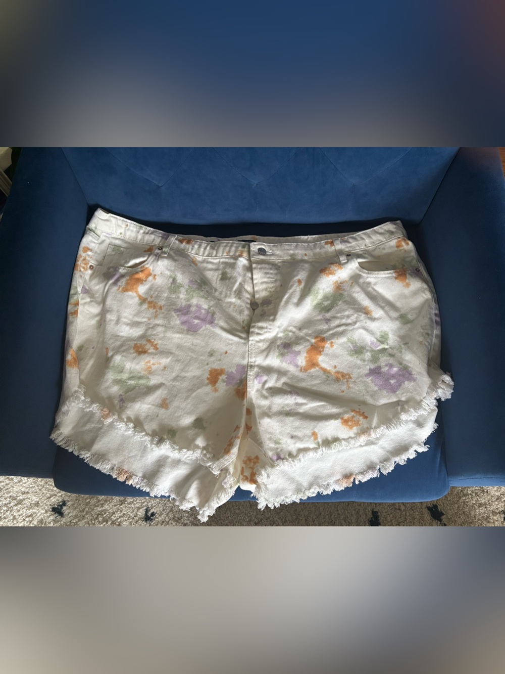 White Frayed Hem Denim Women’s Shorts — Pastel paint effect